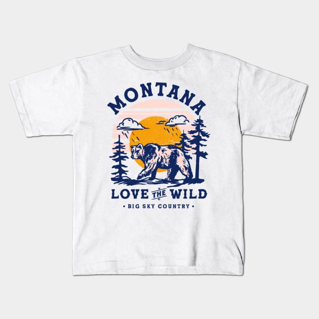 Big Sky Country, Montana. Cool Retro Travel Art With A Grizzly Bear Kids T-Shirt by The Whiskey Ginger